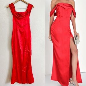 NWOT Exquisite Stunner Red Satin Off-The-Shoulder Bustier Maxi Dress